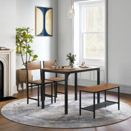 Gainoom 4-Piece Teak Brown Dining Table Set Space-Saving Kitchen Table & Bench - thumbnail 5