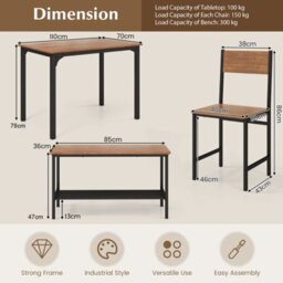 Gainoom 4-Piece Teak Brown Dining Table Set Space-Saving Kitchen Table & Bench - thumbnail 2