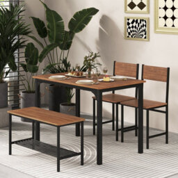 Gainoom 4-Piece Teak Brown Dining Table Set Space-Saving Kitchen Table & Bench - thumbnail 4