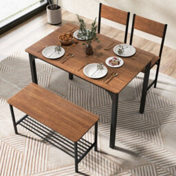 Gainoom 4-Piece Teak Brown Dining Table Set Space-Saving Kitchen Table & Bench - thumbnail 3