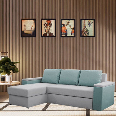 Heros Universal Corner Sofa Bed With Storage And Sleeping Function Light Grey Turquoise - image 1