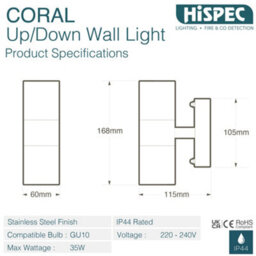 Hispec Up And Down Wall Light: Stainless Steel: 2X Lights & 4X Gu10 - thumbnail 2