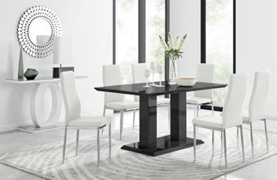 Furniturebox Imperia Black High Gloss 6 Seater Dining Table With Structural 2 Plinth Column Legs 6 White Stitched Faux Leather Milan Chairs - image 1
