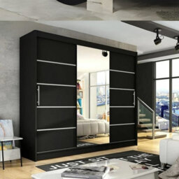 Aston Vi Sliding Door Wardrobe With Mirror Hanging Rails Shelves Black Without Led Lights - thumbnail 1