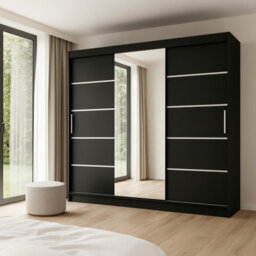 Aston Vi Sliding Door Wardrobe With Mirror Hanging Rails Shelves Black Without Led Lights - thumbnail 2