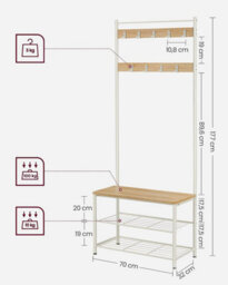 Songmics Vasagle Coat Rack, Coat Stand With Shoe Storage Bench, Hall Tree With Shoe Rack, 3-In-1 Design, Steel Frame, For Hallway - thumbnail 7