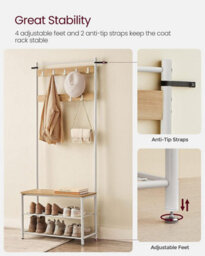Songmics Vasagle Coat Rack, Coat Stand With Shoe Storage Bench, Hall Tree With Shoe Rack, 3-In-1 Design, Steel Frame, For Hallway - thumbnail 5