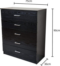 Home Treats Black Chest Of 5 Drawers Wood With Anti Bowing Support 90 X 75 X 36 Cm - thumbnail 2