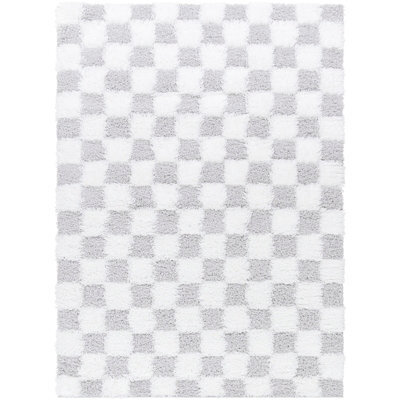Livabliss Urban Shaggy-Modern Ivory Grey Checkered Soft Plush Pile Living Bedroom Rug 160 X 220 Cm Easy Care, Non Shedding - image 1