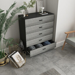 Urbnliving Height 90.5Cm 5 Drawer Wooden Bedroom Chest Cabinet Modern Black Carcass And Ash Grey Drawers Wide Storage Cupboard - thumbnail 2