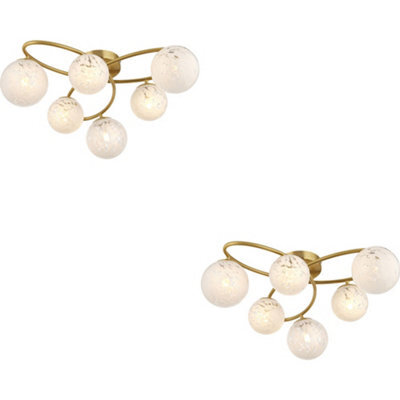 Loops 2 Pack Satin Brass Semi Flush Low Ceiling Light - White Confetti Multi Arm Glass - 6 X 3W Led G9 - image 1