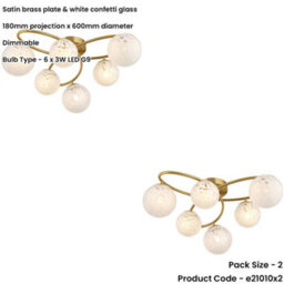 Loops 2 Pack Satin Brass Semi Flush Low Ceiling Light - White Confetti Multi Arm Glass - 6 X 3W Led G9 - thumbnail 2