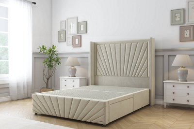"Sloomy Rutherford Cream Plush Divan Bedno Drawers - 54"" Wingback Headboard & 12""footboard 3' Single" - image 1