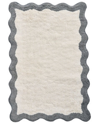 Wyld And Coco Bath Mat Beige And Grey Cotton 60 X 90 Cm Geometric Wavy Edge - image 1
