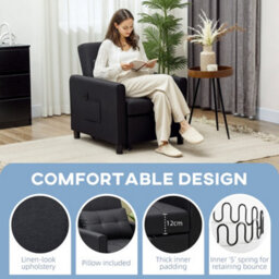 Homcom Folding Chair Bed, Sleeper Chair With Pillow, Side Pockets, Black - thumbnail 4