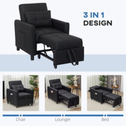 Homcom Folding Chair Bed, Sleeper Chair With Pillow, Side Pockets, Black - thumbnail 6