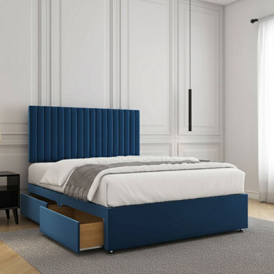 REGIONAL FURNISHINGS Divan Bed Set Blue Plush Velvet Upholstered With 24Inch Headboard & Mattress No Drawers In 3Ft 4Ft 4Ft6 5Ft 6Ft Sizes - image 1