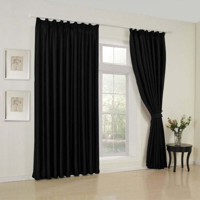 Oxford Homeware Plain Black 230Gsm Blackout Curtain Thermal Insulated Pencil Pleat For Living Room Curtain Pair (W)168Cmx(L)228Cm - image 1