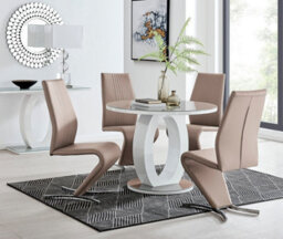 Furniturebox Giovani Round 4 Seat 100Cm White High Gloss Unique Halo Base Grey Glass Top Dining Table 4 Beige Faux Leather Willow Chairs