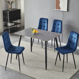 Urbn-Living Urbnliving 5Pcs Armani Grey Modern Ceramic Top Dining Table & Blue Plush Velvet Chairs With Metal Legs