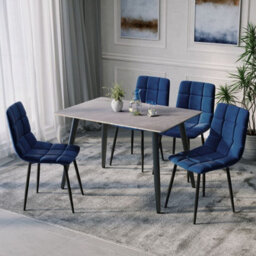 Urbn-Living Urbnliving 5Pcs Armani Grey Modern Ceramic Top Dining Table & Blue Plush Velvet Chairs With Metal Legs - thumbnail 5
