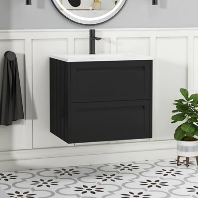 Royal Bathrooms Elmore 600mm Traditional Wall Hung 2 Drawer Bathroom Vanity Unit With Matt Stone Basin Sink - Matt Nocturne Black - image 1