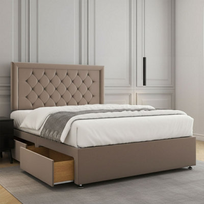 REGIONAL FURNISHINGS Divan Bed Set Mink Plush Velvet Upholstered 24Inch Headboard & 2Drawers Sameside & Mattress In 3Ft 4Ft 4Ft6 5Ft 6Ft Sizes - image 1