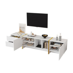 Btm Tv Stand For 85 Tv With Storage Cabinet And Open Shelves Embossed Pattern White Entertainment Center For Living Room - thumbnail 5