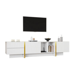 Btm Tv Stand For 85 Tv With Storage Cabinet And Open Shelves Embossed Pattern White Entertainment Center For Living Room - thumbnail 7