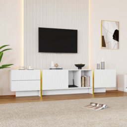 Btm Tv Stand For 85 Tv With Storage Cabinet And Open Shelves Embossed Pattern White Entertainment Center For Living Room - thumbnail 2
