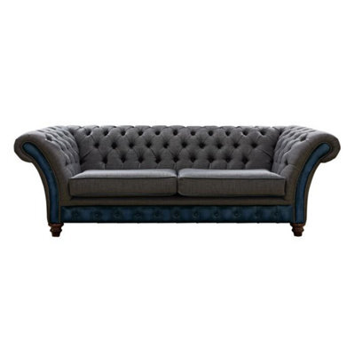 Chesterfield 3 Seater Sofa Antique Blue Leather Marinello Pewter Fabric In Jepson Style - image 1