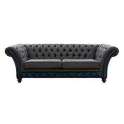 Chesterfield 3 Seater Sofa Antique Blue Leather Marinello Pewter Fabric In Jepson Style - thumbnail 1