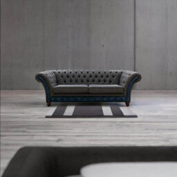 Chesterfield 3 Seater Sofa Antique Blue Leather Marinello Pewter Fabric In Jepson Style - thumbnail 2