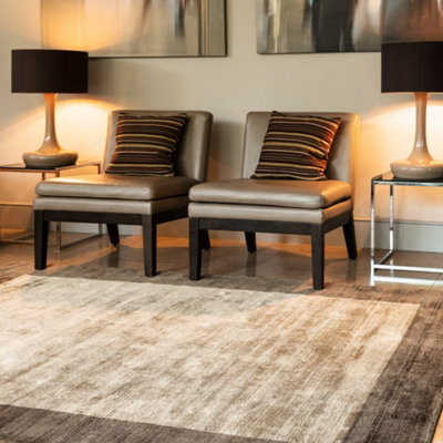 Brown Viscose Easy To Clean Bordered Luxurious , Modern Rug For Living Room, Bedroom - 200 X 200 (Square)