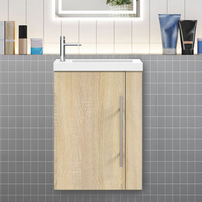 Sline 440mm Wall-Hung Matte Oak Bathroom Vanity Unit With Integrated Sink, 1 Door Soft-Close Standing Design Flat Packed - image 1