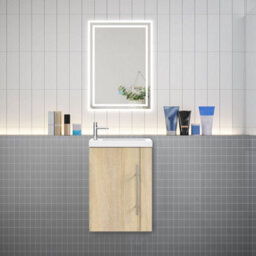 Sline 440mm Wall-Hung Matte Oak Bathroom Vanity Unit With Integrated Sink, 1 Door Soft-Close Standing Design Flat Packed - thumbnail 6