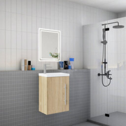 Sline 440mm Wall-Hung Matte Oak Bathroom Vanity Unit With Integrated Sink, 1 Door Soft-Close Standing Design Flat Packed - thumbnail 7