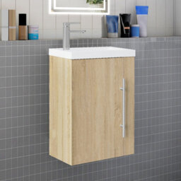 Sline 440mm Wall-Hung Matte Oak Bathroom Vanity Unit With Integrated Sink, 1 Door Soft-Close Standing Design Flat Packed - thumbnail 4