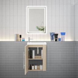 Sline 440mm Wall-Hung Matte Oak Bathroom Vanity Unit With Integrated Sink, 1 Door Soft-Close Standing Design Flat Packed - thumbnail 5