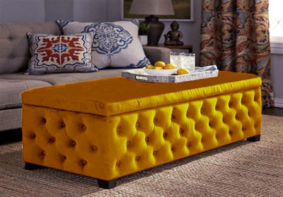 150Cm Empire Ottoman Storage Box With Wooden Legs, Mustard Gold Velvet Upholstered Chesterfield Footstool Storage Ottoman Box - image 1