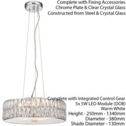 Led Ceiling Pendant Light 25W Warm White Chrome & Crystal Feature Lamp Shade - thumbnail 2