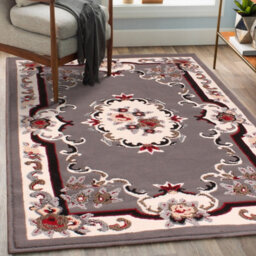 Traditional Grey Bordered Floral Rug For Dining Room-120Cm (Circle) - thumbnail 1