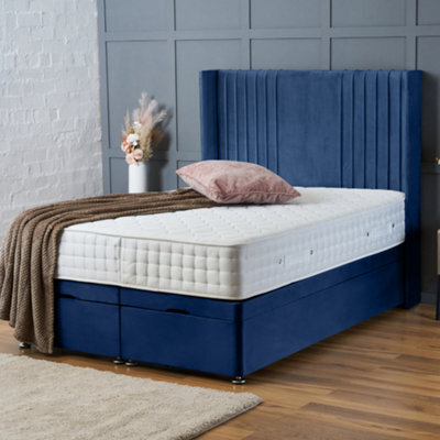 Bsspoke Divan Ottoman Bed Blue Plush Orthopaedic Mattress & 54Inch Winged Panel Headboard End Lift Up Storage In 4Ft 5Ft 6Ft - image 1