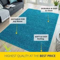 STALWART Modern Shaggy Rug - 5Cm Plush Thick Pile, Non-Slip, Soft Touch Carpet - Washable Area Rugs (Teal Blue, 80X150 Cm) - thumbnail 3