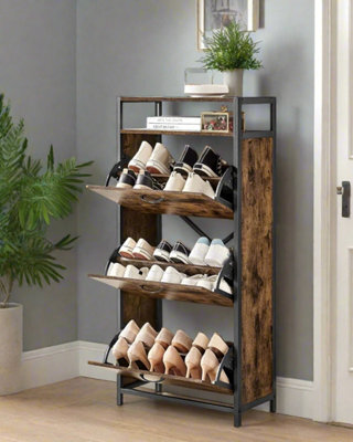 Modcraft Slim Rustic Brown & Black Shoe Cabinet With 3 Fold-Out Doors - Industrial Style - image 1