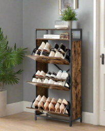 Modcraft Slim Rustic Brown & Black Shoe Cabinet With 3 Fold-Out Doors - Industrial Style - thumbnail 5
