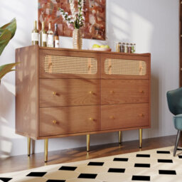 Matteo Elegant Rattan Sideboard Cabinet, Walnut, 6 Drawers, 40D X 120W X 90H Cm - thumbnail 4