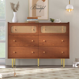 Matteo Elegant Rattan Sideboard Cabinet, Walnut, 6 Drawers, 40D X 120W X 90H Cm - thumbnail 2
