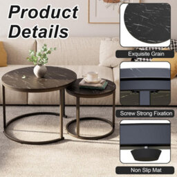 Huhote 2 Pcs Nesting Round Side Tables With Black Metal Frame And Black Wood Marble Finish Top 23.6/15.7 In Coffee Table End Table - thumbnail 5