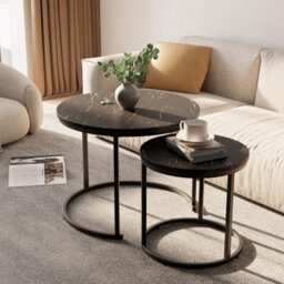 Huhote 2 Pcs Nesting Round Side Tables With Black Metal Frame And Black Wood Marble Finish Top 23.6/15.7 In Coffee Table End Table